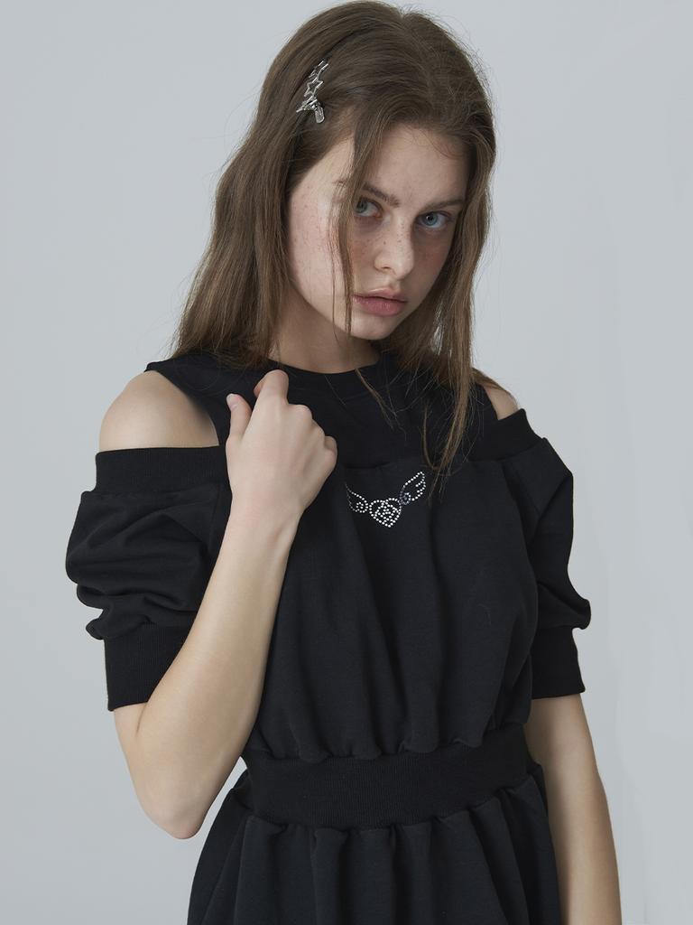 ADOREBELLE Off-Shoulder Angel Cubic T-Shirt - Black