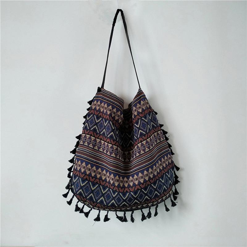 Women'S Canvas Bag Ethnic Style Shoulder Bag Cotton Linen Handbags Fashion Fringed Shoulder Bag Literary Style Large Capacity Handbags