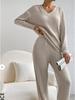 2025 Autumn Women's Cross-border Casual V-neck Rib-knit Set with Loose Straight-leg Pants
