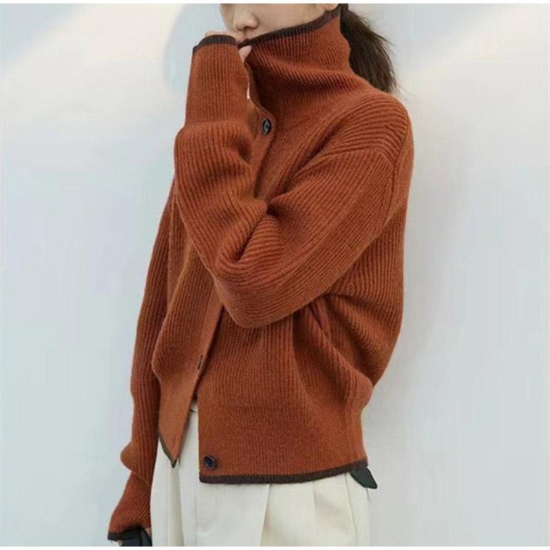 Contrast Knitted Cardigan Women Elegant Stand Collar Thicken Long Sleeve Single Breasted Lady Jumper 2025 Spring New Knitwear