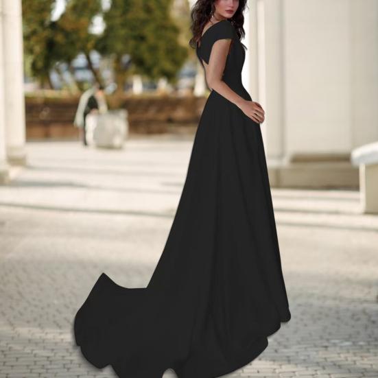 Women's Off Shoulder High Split Maxi Dress Sexy V Neck Long Prom Dress Formal Cocktail Party Evening Gown with Train