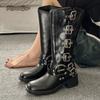 Fashion Brown Black Knee High Boots for Women 2025 Autumn Winter Leather Western Cowboy Long Knight Boots Buckle Straps Mid-Calf Botas