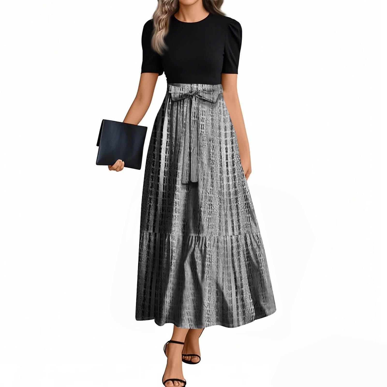 

Женские модные повседневные платья с поясом, коротким рукавом, круглым вырезом, геометрическим узором, элегантные платья с темпераментом L