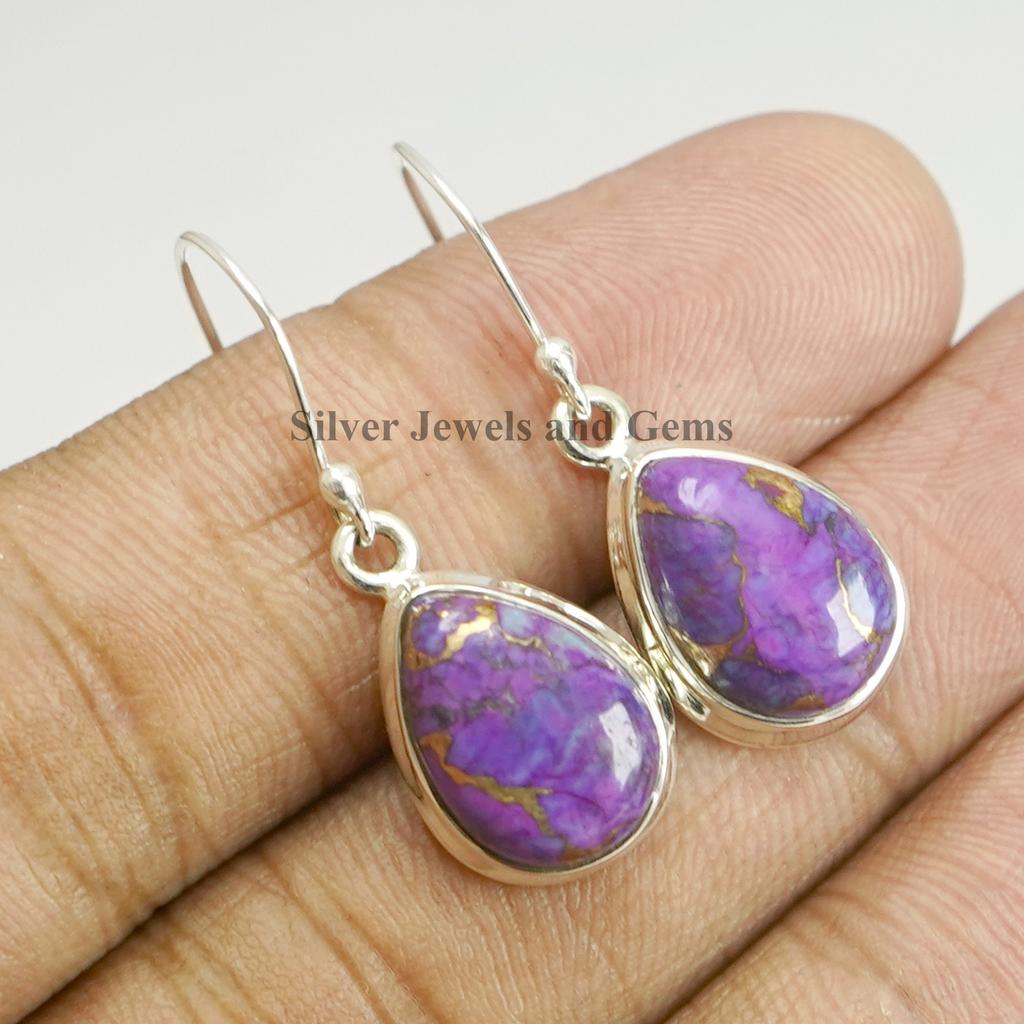 Natural Purple Copper Turquoise Earrings, Handmade Earring, 925 Sterling Silver Teardrop Turquoise Earrings, Anniversary Earrings