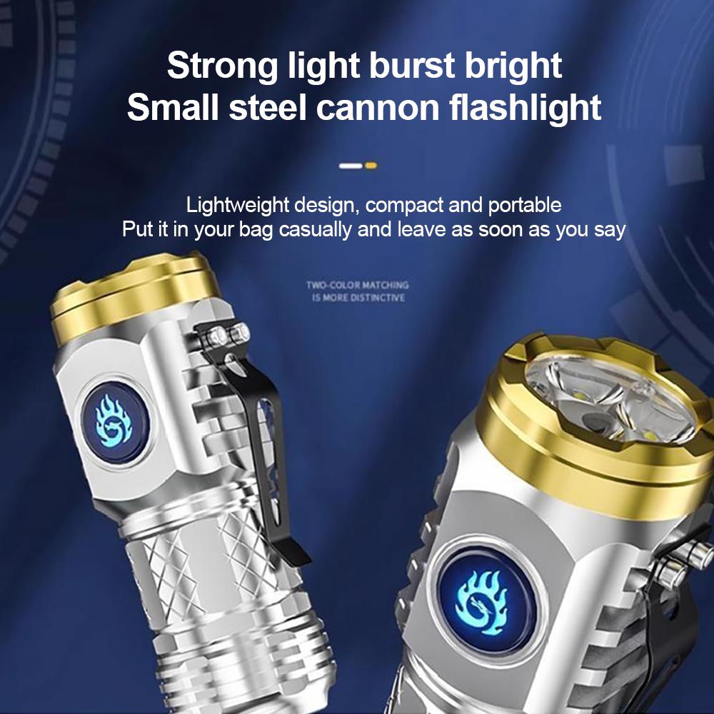 LED Mini Flashlight Type-C Rechargeable Waterproof 3rd Gear Adjustable Brightness Strong Lright Self Defense Flashlight Powerful