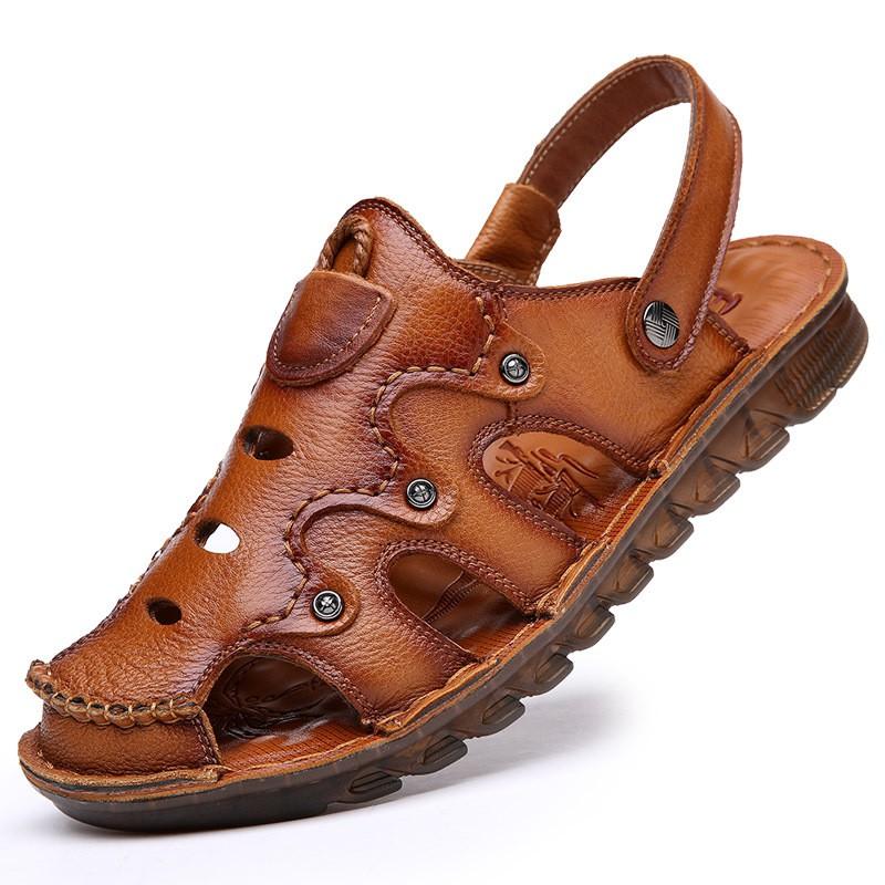 Mens Genuine Leather Breathable Dress Sandals Slip-On Business Casual Shoes With Rubber Sole