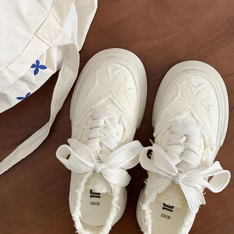 Fashion Pink Lace Up High On Platform Woman Footwear Low Canvas Shoes For Women Whit With — фото 4