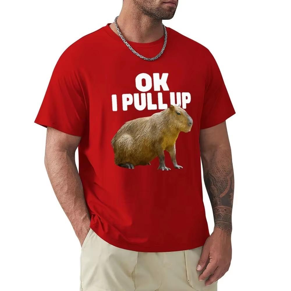 Ok I Pull Up Capybara Graphic Print T-shirt Men's Fashion Casual Loose T-shirts Pure Cotton Gothic T Shirt Vintage Streetwear