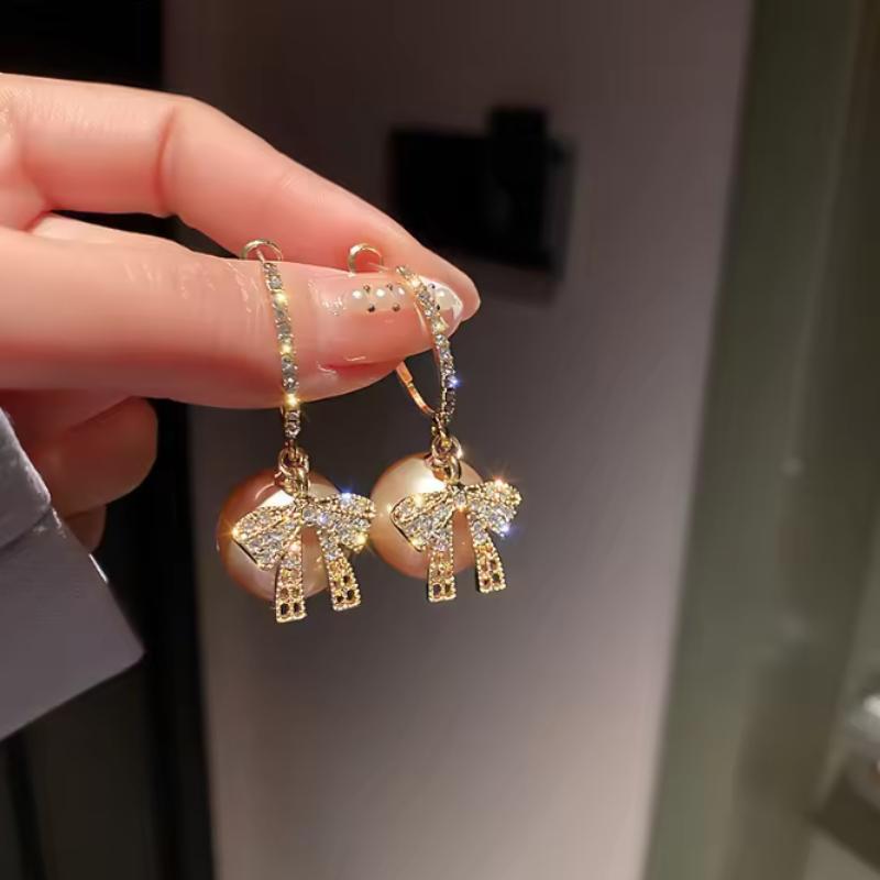 Sparkling Inlaid Zircon Bow Earrings, Red Imitation Pearl Earrings,  Gifts for Girls' New Year's and Christmas Parties