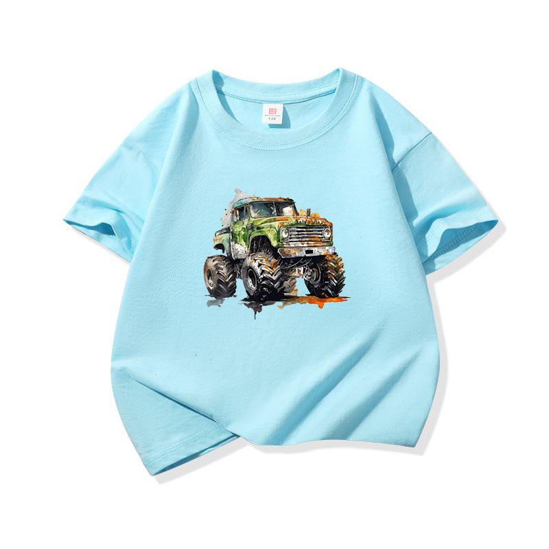 Kids Cotton T Shirt Watercolor Offroad Car Print Crew Neck Short Sleeve Tee Casual Breathable Boys Girls Summer Tops