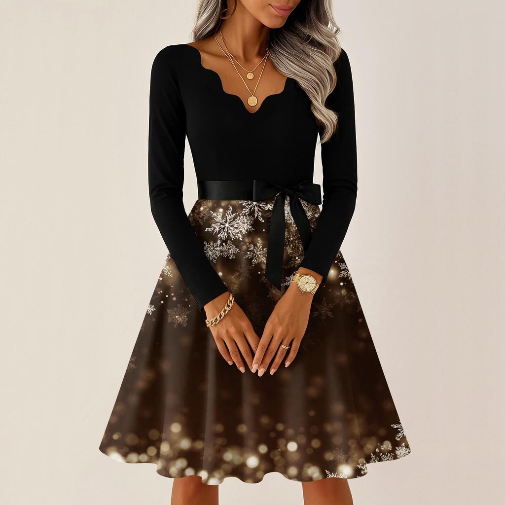 Women's Casual Fashion V-neck Long Sleeved Retro Christmas Print Retro Dress