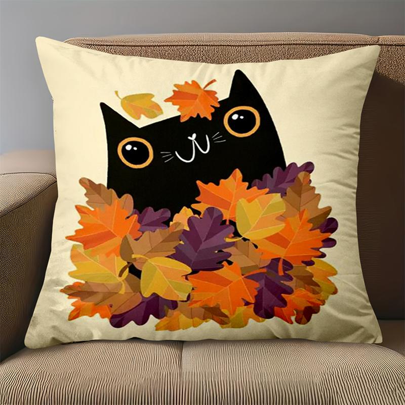1 Pieces Black Cat with Autumn Leaves Pattern Pillow Polyester pillowcase, sofa decorative cushion cov Headboard Pillow