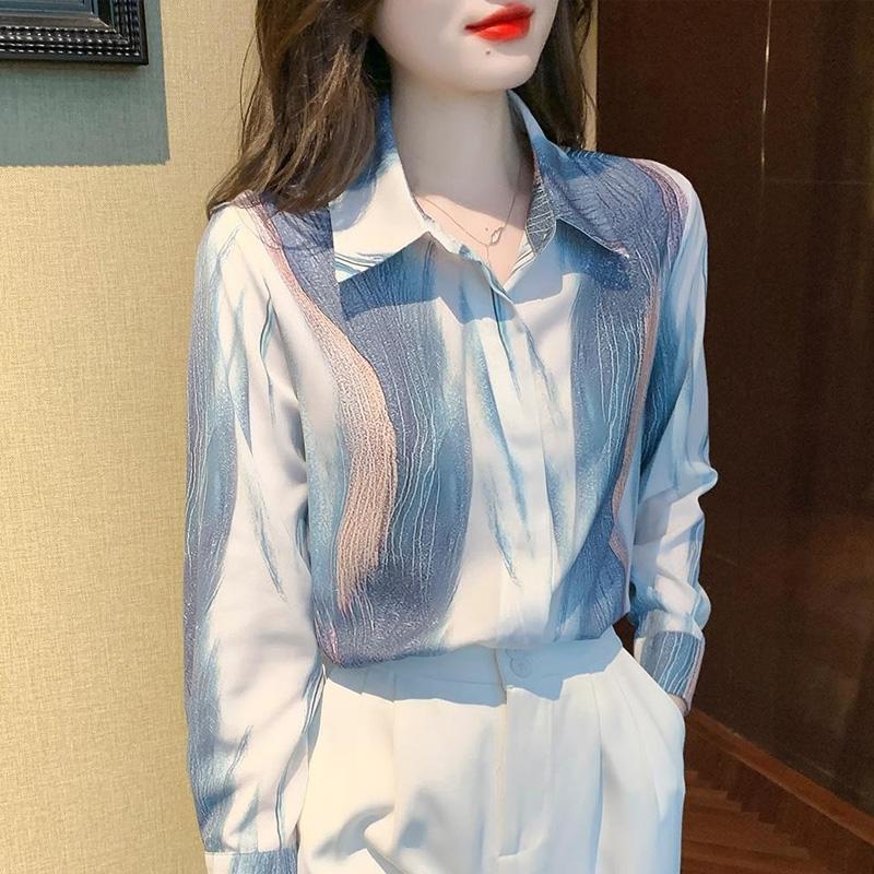 Herbst Senior Designgefühl Druck Einreihige Bluse Damen Neu Langarm Klassischer Polokragen Chiffon Pulloverhemd