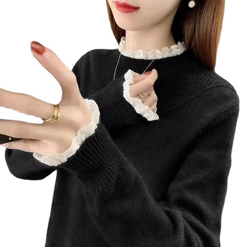 New Pullover Women's Top Lace Splicing Semi-turtleneck Sweater Femininity Knitted Bottoming Shirt