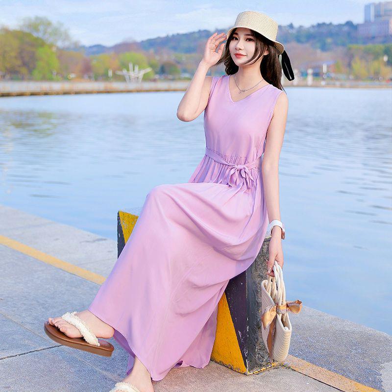 New Women's Summer Sleeveless French Silk-Cotton Beach Dress