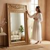 Wooden Carved Wall Mirror Decor-Bedroom Mirror Home Decor Wall-Carved Wooden Wall Mirror with Floral Design-Floral Frame Glass Mirror