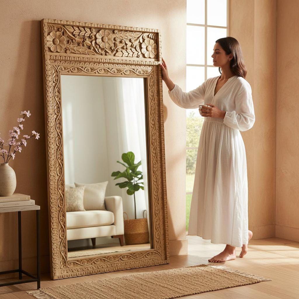 Wooden Carved Wall Mirror Decor-Bedroom Mirror Home Decor Wall-Carved Wooden Wall Mirror with Floral Design-Floral Frame Glass Mirror