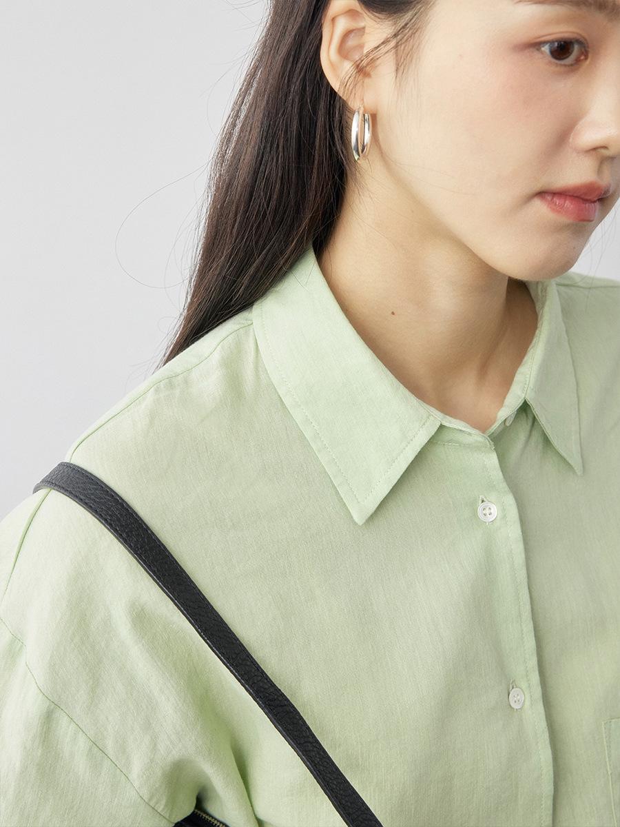 Shi Jian Early Spring Dopamine Color Tencel-Linen Embroidered Back Neck Shirt 60117 светло-зеленый