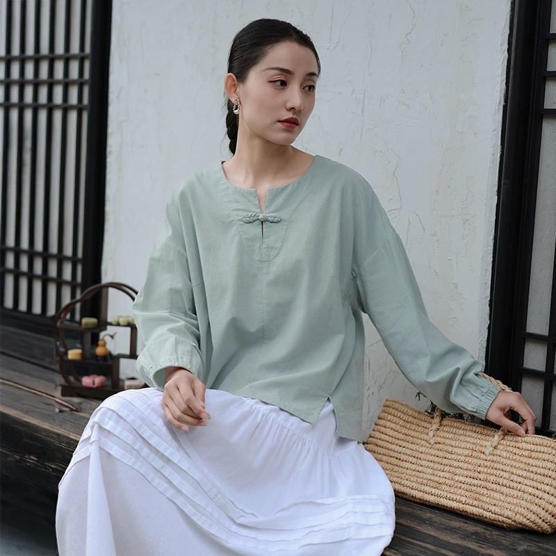 Johnature Women Vintage Pullover T-Shirts Soft Spring Solid Color Long Sleeve Button Casual Loose T-Shirts