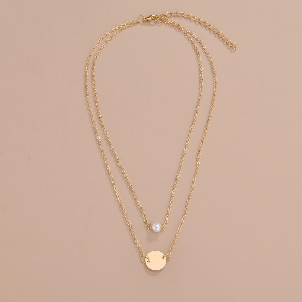 Personalized geometric disc pearl pendant multi-layer women stacked necklace
