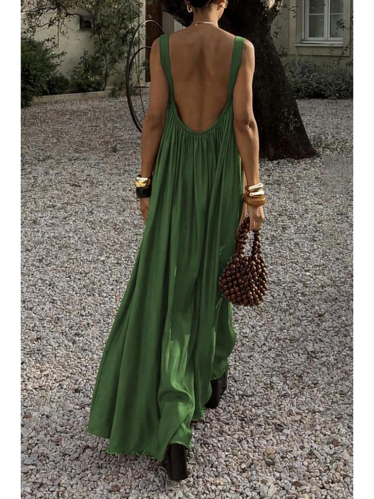Elegant French Pleated Spaghetti Strap Summer Dress with Back Cutout