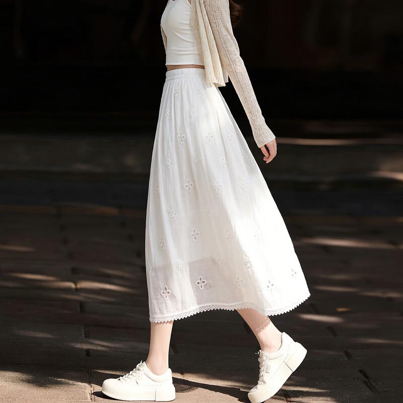 French Style Embroidered Lace A-line Midi Skirt