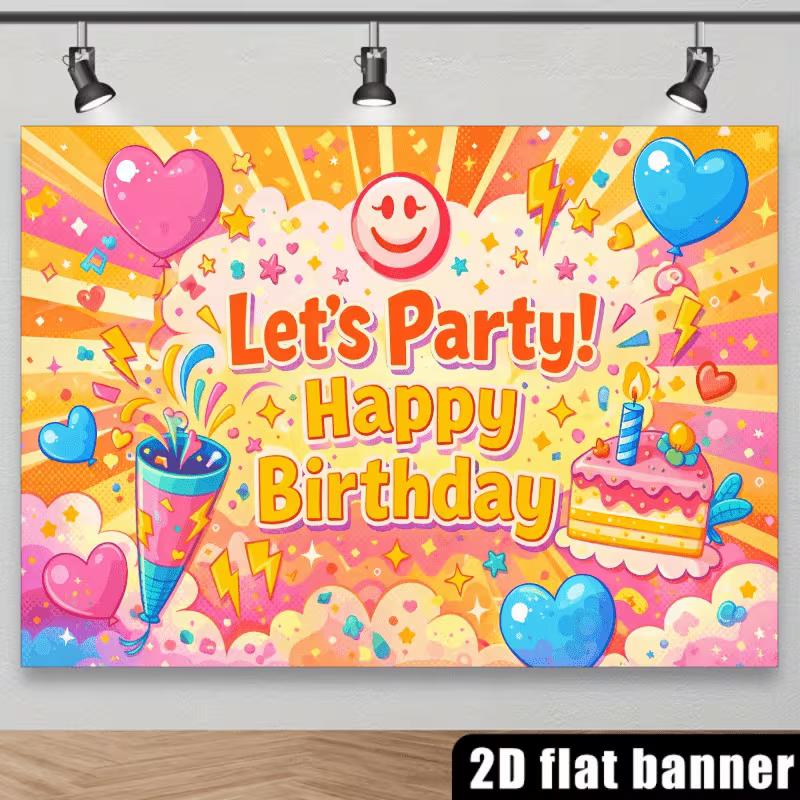 2D Happy Birthday Backdrop Bright Cartoon Balloon Photo Background