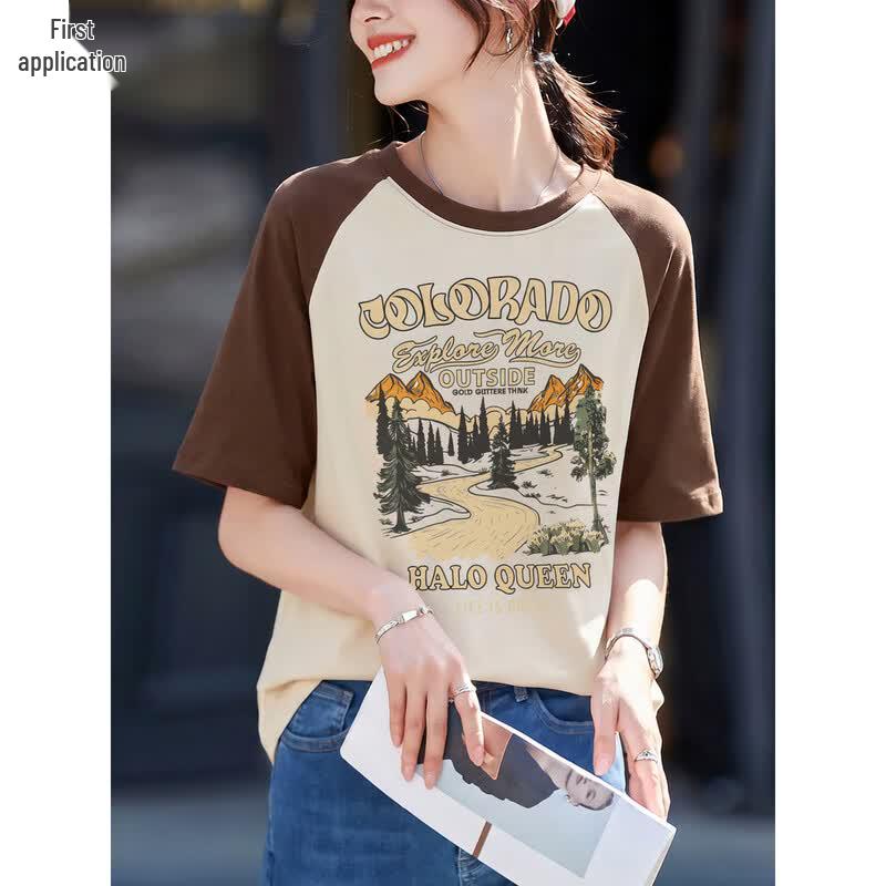 Women's Color Block Raglan Sleeve Printed T-Shirt