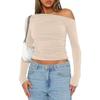 Women's Slanted Shoulder Asymmetrical Solid Color Crop Top Long Sleeved Sexy Slim Fit Elegant T-shirt