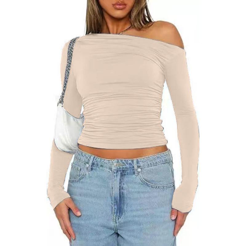 Women's Slanted Shoulder Asymmetrical Solid Color Crop Top Long Sleeved Sexy Slim Fit Elegant T-shirt