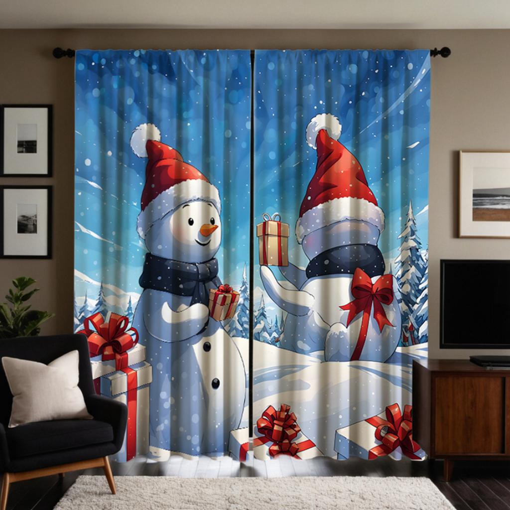 2pcs Set HD Christmas Gift Snowman Decoration Curtain Blue Tie Digital Printed Curtain Home Decoration Style Decoration Livin