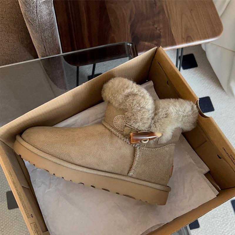 Snow Boots Women's 2025 New Winter Integrated High-heeled Horn Buckle Short Boots Cotton Shoes Non-slip Warm Thickened