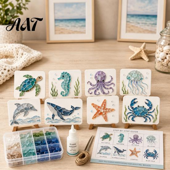 Set per Creare Decorazioni Costiere Fai da Te Mosaico Artistico con Vetro di Mare, Kit Creativo a Tema Animali Marini per Adulti Principianti, Pacchetto Materiali Fatti a Mano Casa Nautica