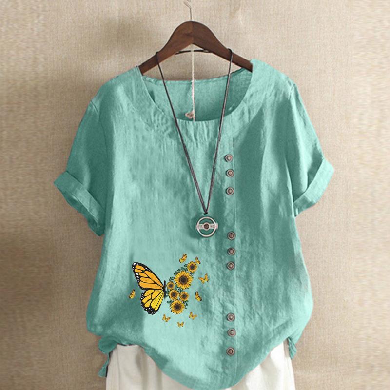 Women's Fashion Butterfly Prined Short Sleeve T-shirt Loose Cotton Shirt Casual Loose Summer Blouse Tops Plus Size