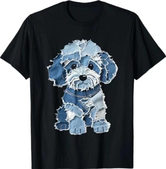 Retro Funny Denim Patch Animal Dog Print T-Shirt 2XL