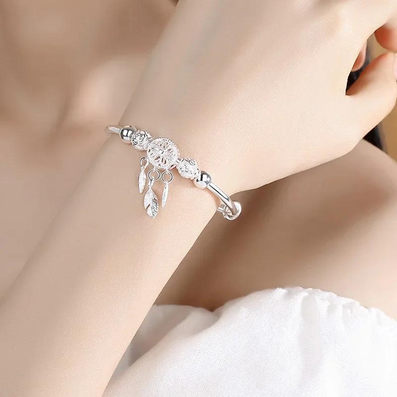 Luxury 925 Silver Bead Ball Bracelets For Women Elegant Dreamcatcher Tassel Feather Adjustable Bracelet Party Jewelry