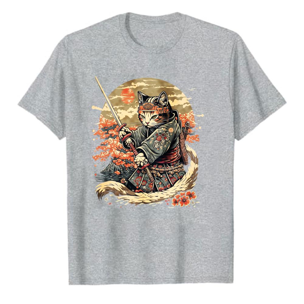 Samurai Cat TShirt Japanese Ukiyoe Cat Samurai Graphic Tee Cherry Blossom Katana Warrior Shirt Aesthetic Cat Lover Gift