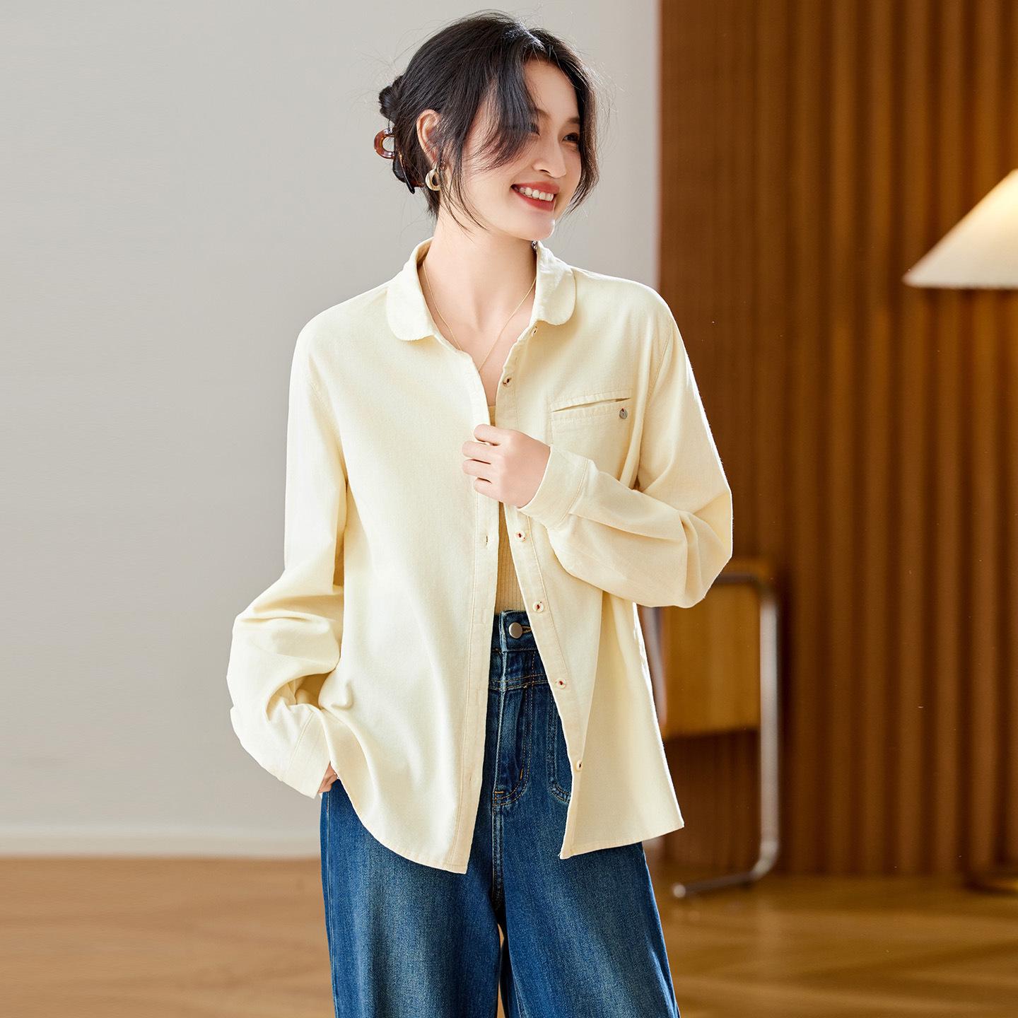 

Brushed Long-Sleeve Women s Retro Shirt - Slimming & Loose Fit for Autumn/Winter Medium грязно-белый