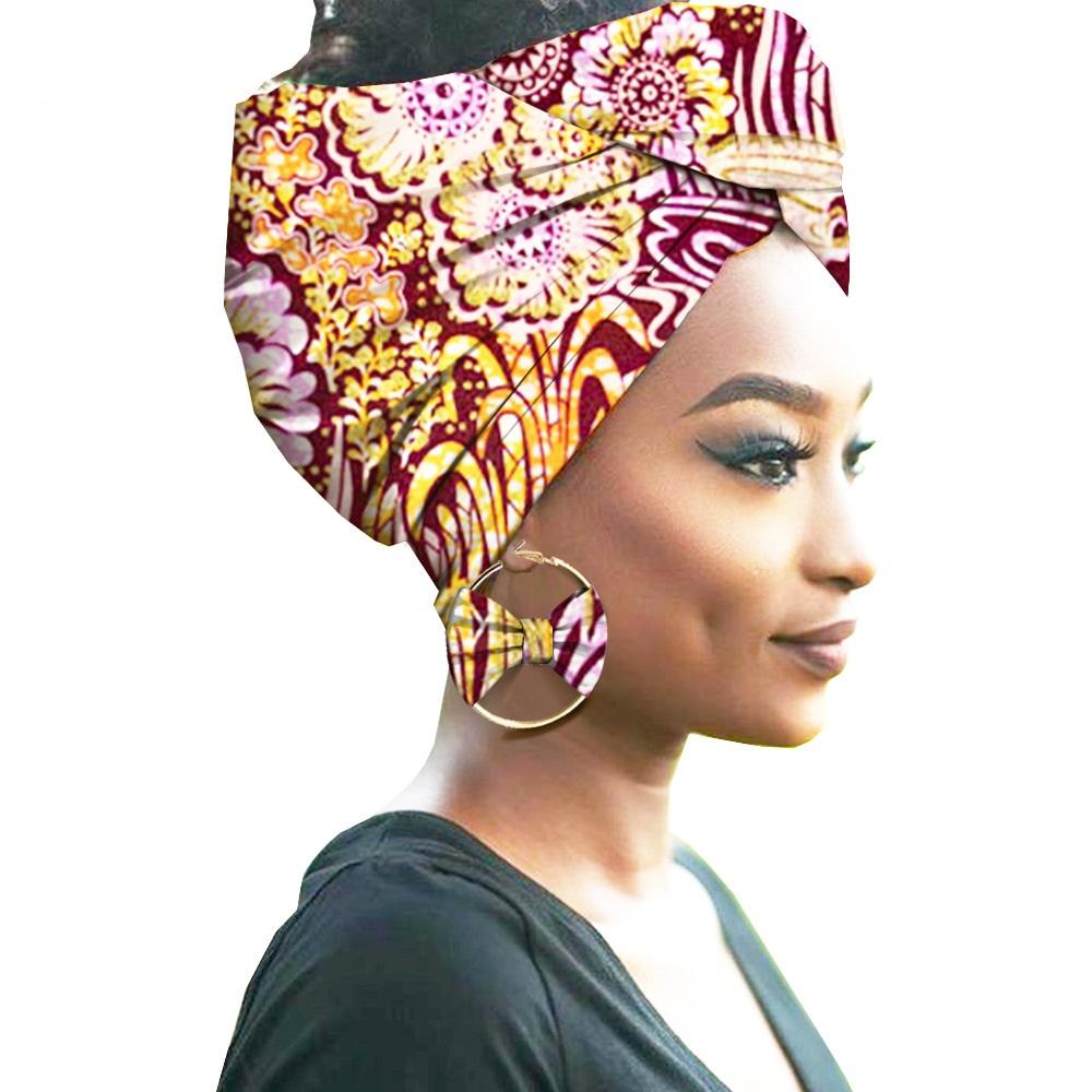 African Print Women Head Bandana Cotton With Matching earring Balaclava Headscarf Bandana Mujer Headband Set Hair Accessories