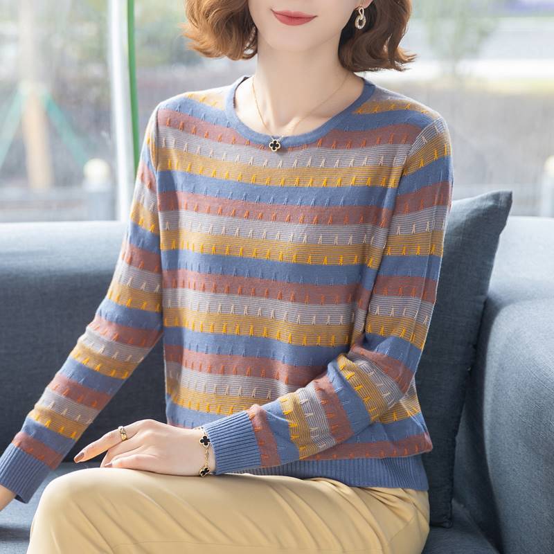 Spring Autumn Fashion Striped Long Sleeve Loose Sweaters for Female Trend Vintage Patchwork Knitted T-shirt Women's Clothing
