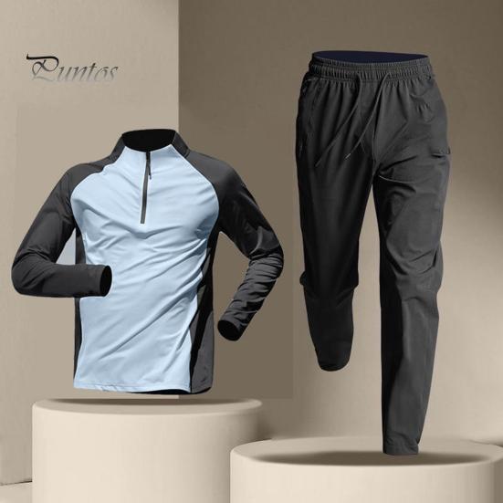 2Pcs/Set Men's Quick-drying Fitness Suit Half-zip T-shirt Trouser Set Sports Track Field Clothes Breathable Sportswear for Running Cycling