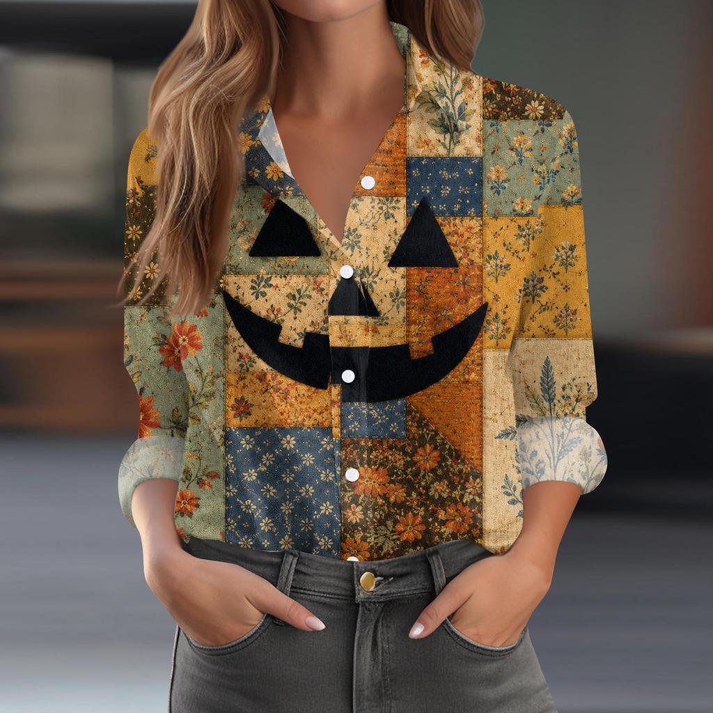 Women's Halloween Print Long Sleeve Button Down Shirt Casual Blouse