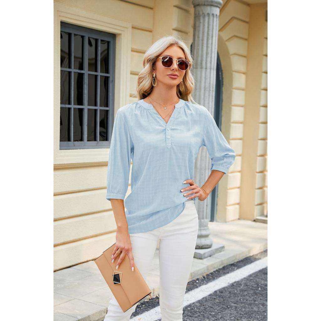 Spring Summer Women's Solid Color V Neck Loose Half Sleeve Casual Top