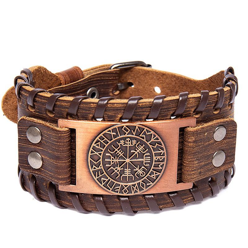 Vintage Viking Leather Bracelet With Compass Pendant Men Handmade Retro Style Adjustable Cuff Band
