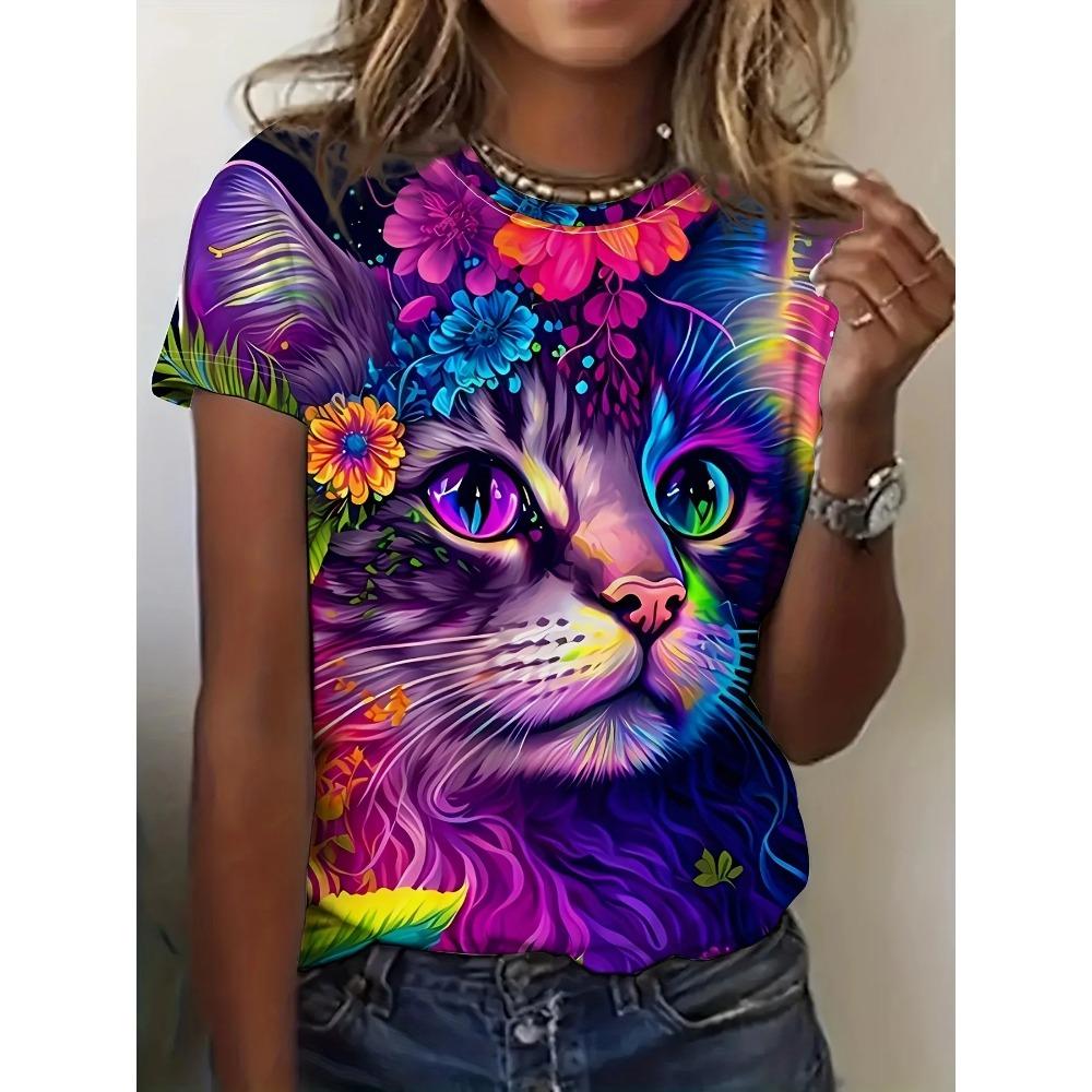 Summer New Women's 3D Digital Print T-shirt Loose Casual Round Neck Short-sleeved Creative Animal Print Top Y2K Streetwear