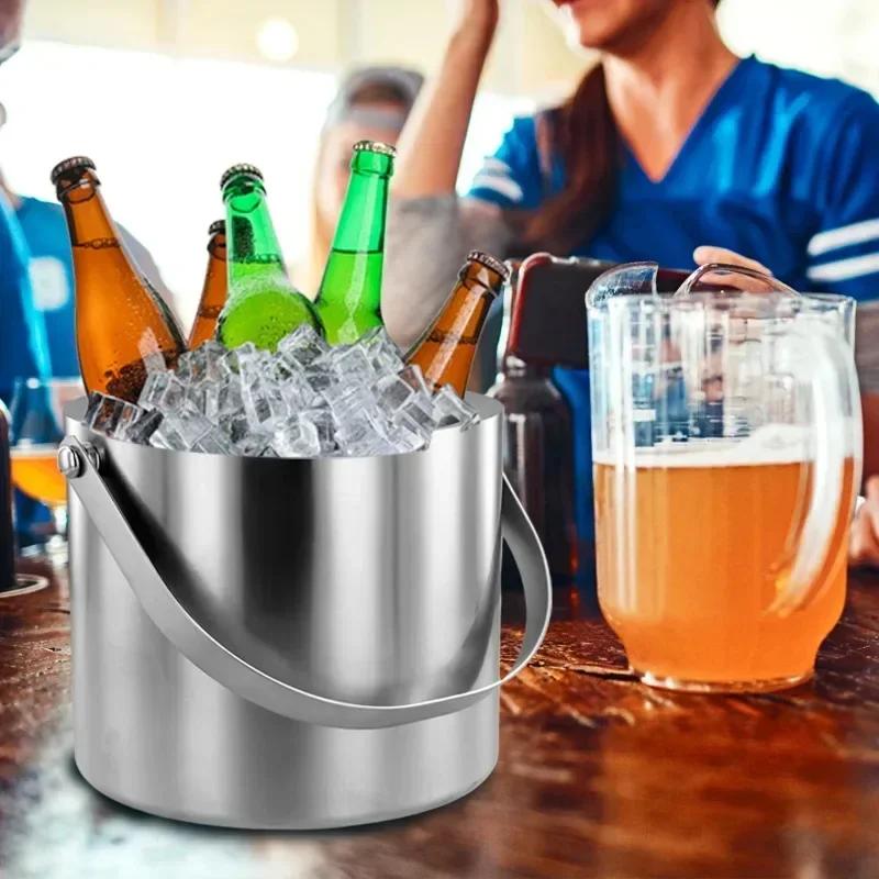 3/4L Stainless Steel Insulated Ice Bucket Double Walled Beverage Tub Comfortable Carry Handle Ice Container Bar Tools