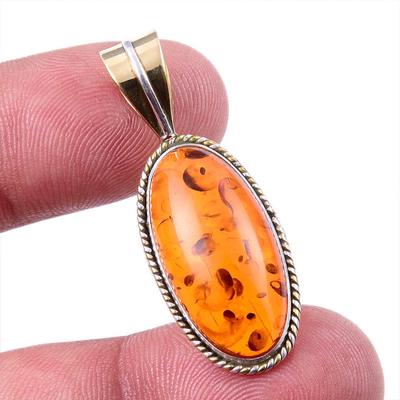 Natural Baltic Amber 925 Solid Sterling Silver TwoTone Gift Pendant 1.50" U7U58