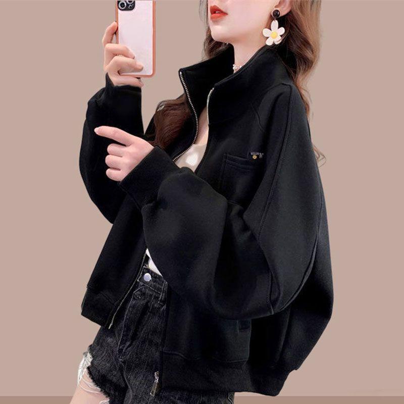 Solid Color Stand Collar Sweatshirt with Stylish Design, Women's Fashionable Outerwear for Autumn and Winter