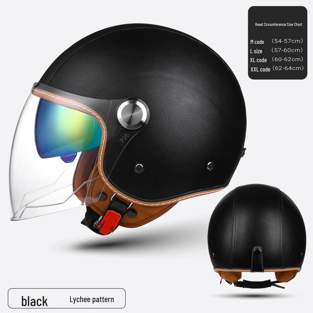 3C Certified Retro Leather Electric Motorcycle Helmet with Dual Visor – Unisex, Warm for Autumn/Winter