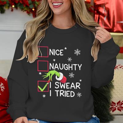 Christmas Nice Naughty I Tried Print Women Sweatshirt Winter Fashion Ladies Long Sleeve Crewneck Women Xmas Sweatshirts